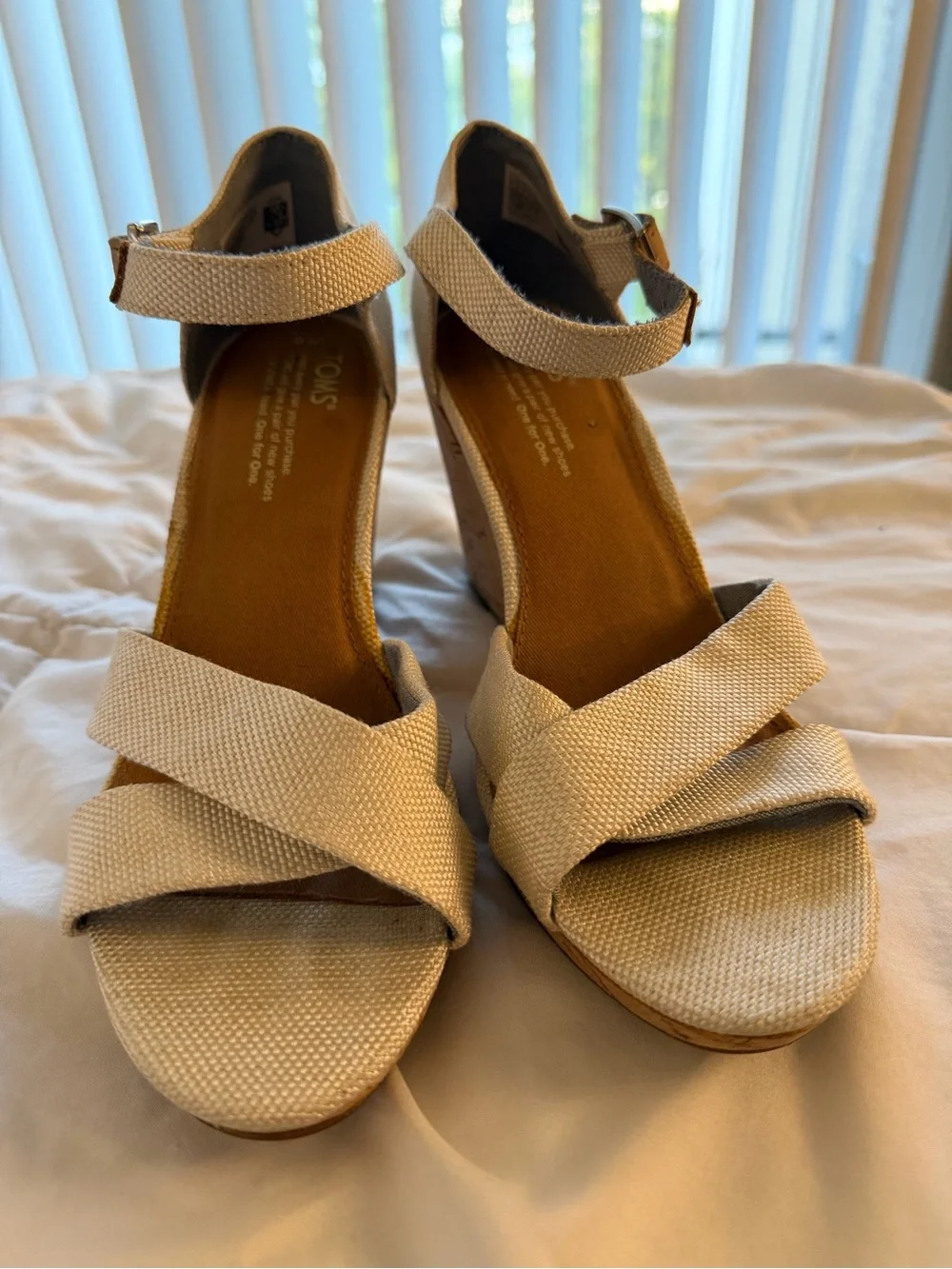 TOMS Beige Wedge Sandals with Ankle Strap - Women Shoes
